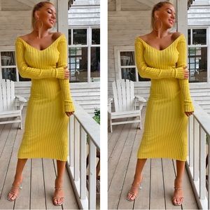 Midi Sweater Dress Long Sleeve Ribbed V-Neck